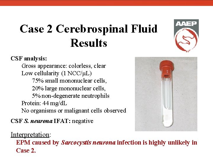  Case 2 Cerebrospinal Fluid Results CSF analysis: Gross appearance: colorless, clear Low cellularity