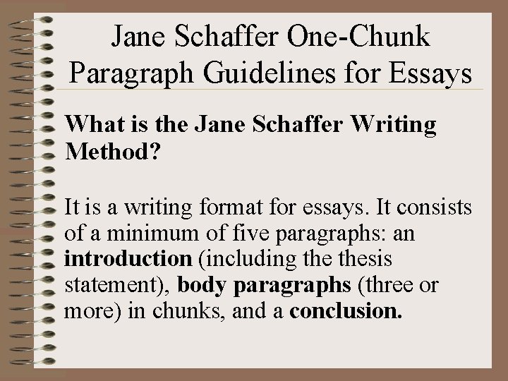 Jane Schaffer One-Chunk Paragraph Guidelines for Essays What is the Jane Schaffer Writing Method?
