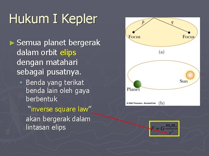 Hukum I Kepler ► Semua planet bergerak dalam orbit elips dengan matahari sebagai pusatnya.