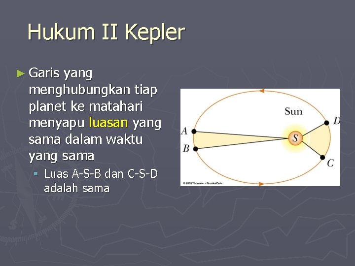 Hukum II Kepler ► Garis yang menghubungkan tiap planet ke matahari menyapu luasan yang