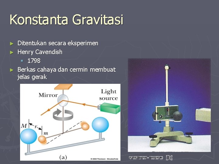 Konstanta Gravitasi Ditentukan secara eksperimen ► Henry Cavendish § 1798 ► Berkas cahaya dan