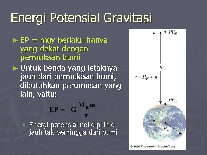 Energi Potensial Gravitasi ► EP = mgy berlaku hanya yang dekat dengan permukaan bumi