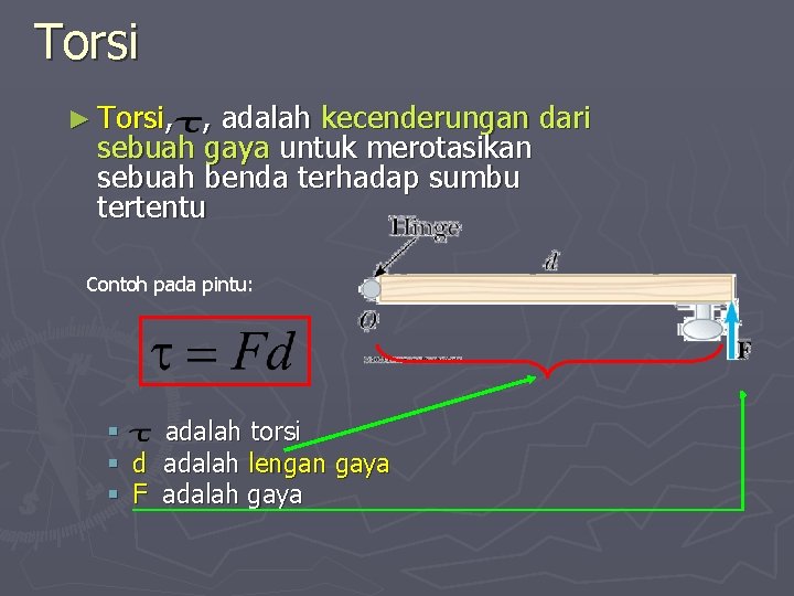 Torsi ► Torsi, , adalah kecenderungan dari sebuah gaya untuk merotasikan sebuah benda terhadap