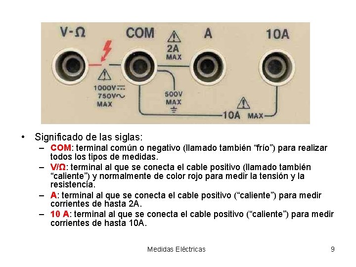  • Significado de las siglas: – COM: terminal común o negativo (llamado también