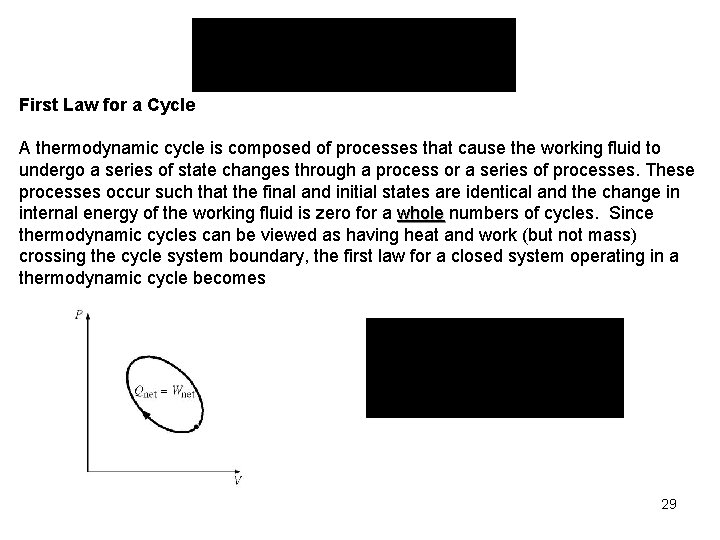 First Law for a Cycle A thermodynamic cycle is composed of processes that cause