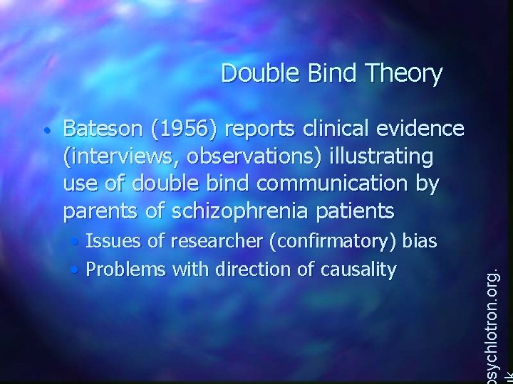 Double Bind Theory Bateson (1956) reports clinical evidence (interviews, observations) illustrating use of double