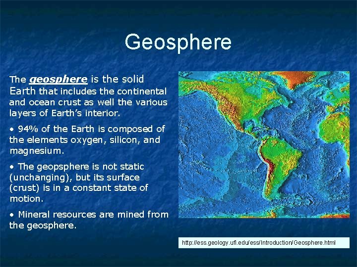 Geosphere The geosphere is the solid Earth that includes the continental and ocean crust