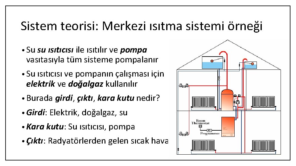 Sistem teorisi: Merkezi ısıtma sistemi örneği • Su su ısıtıcısı ile ısıtılır ve pompa