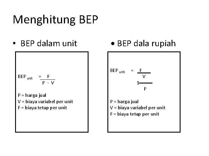 Menghitung BEP • BEP dalam unit BEP unit = F P - V P