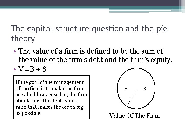 The capital-structure question and the pie theory • The value of a firm is
