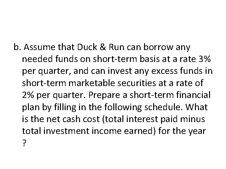 b. Assume that Duck & Run can borrow any needed funds on short-term basis