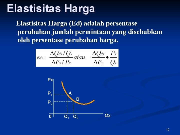 Elastisitas Harga (Ed) adalah persentase perubahan jumlah permintaan yang disebabkan oleh persentase perubahan harga.