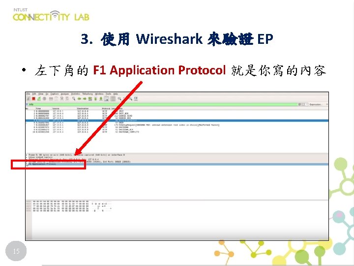 3. 使用 Wireshark 來驗證 EP • 左下角的 F 1 Application Protocol 就是你寫的內容 15 