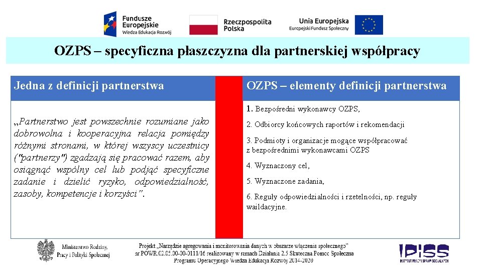 OZPS – specyficzna płaszczyzna dla partnerskiej współpracy Jedna z definicji partnerstwa OZPS – elementy