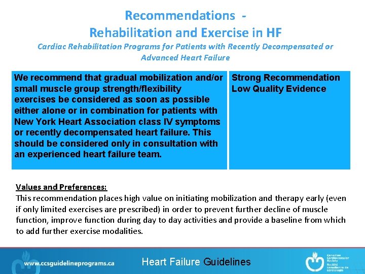 Recommendations Rehabilitation and Exercise in HF Cardiac Rehabilitation Programs for Patients with Recently Decompensated
