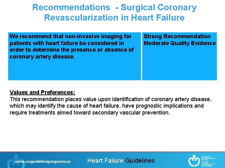 Recommendations - Surgical Coronary Revascularization in Heart Failure We recommend that non-invasive imaging for