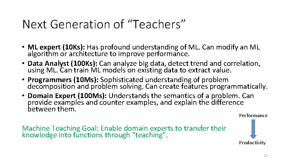 Next Generation of “Teachers” • ML expert (10 Ks): Has profound understanding of ML.