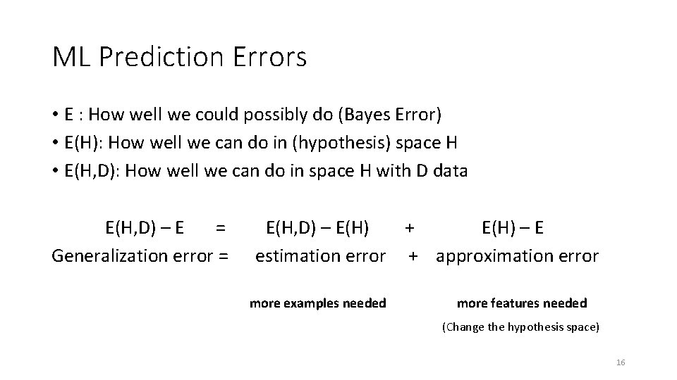 ML Prediction Errors • E : How well we could possibly do (Bayes Error)