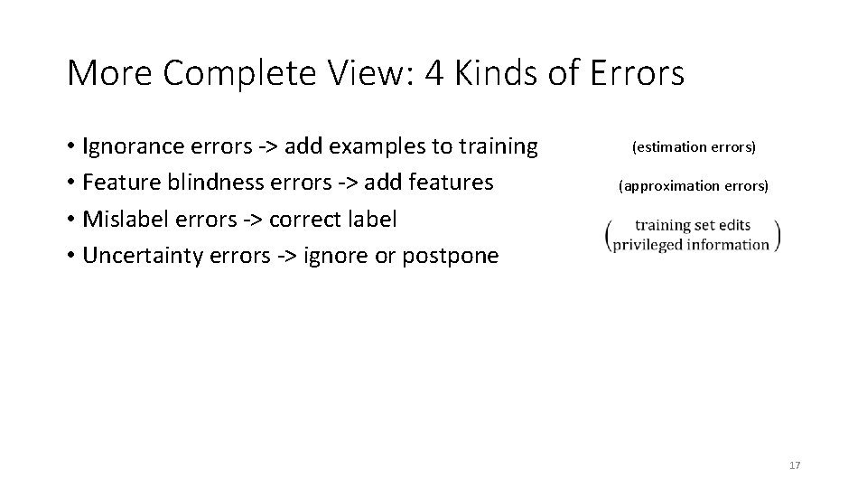 More Complete View: 4 Kinds of Errors • Ignorance errors -> add examples to