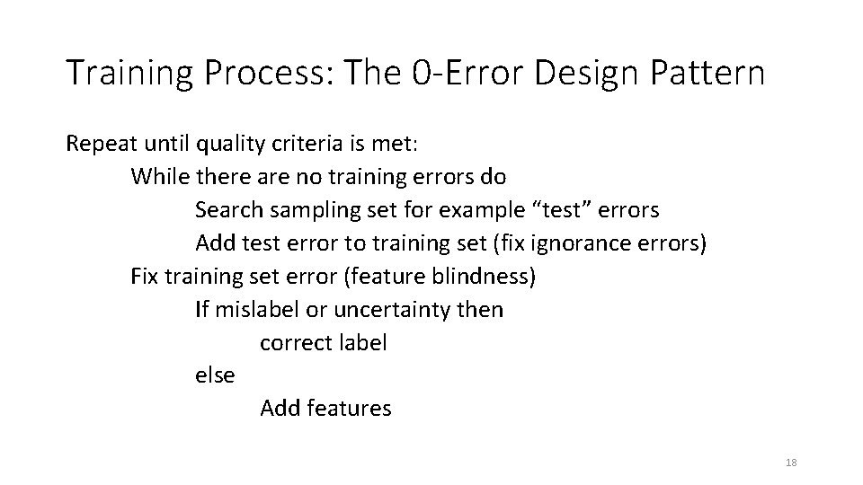 Training Process: The 0 -Error Design Pattern Repeat until quality criteria is met: While