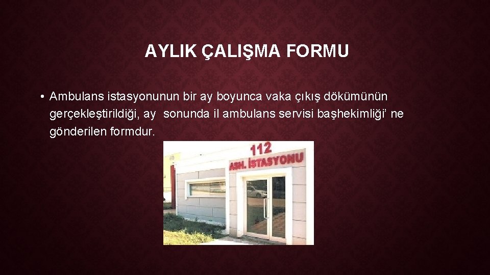 AYLIK ÇALIŞMA FORMU • Ambulans istasyonunun bir ay boyunca vaka çıkış dökümünün gerçekleştirildiği, ay