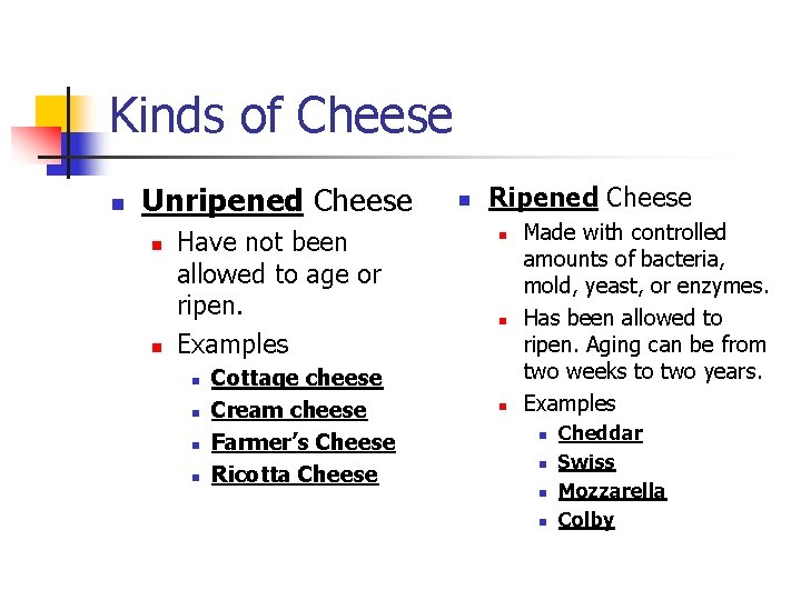 Kinds of Cheese n Unripened Cheese n n Have not been allowed to age