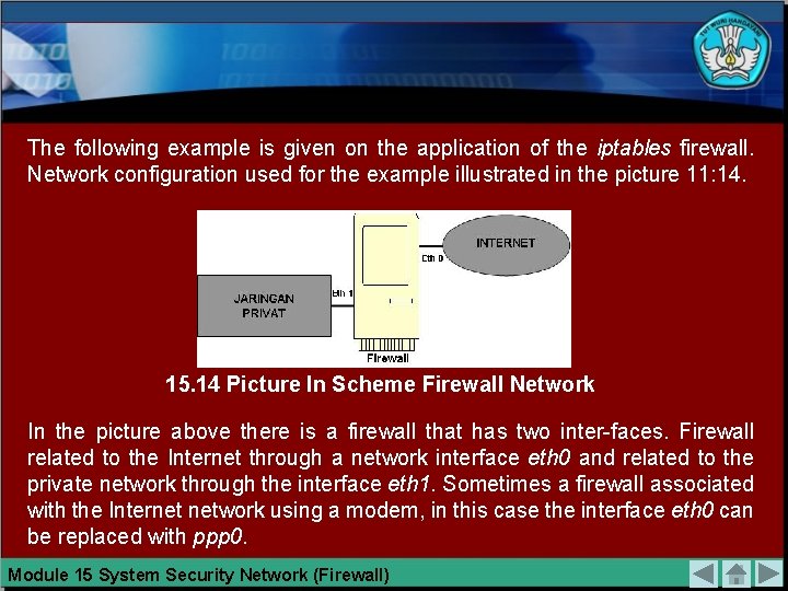 The following example is given on the application of the iptables firewall. Network configuration