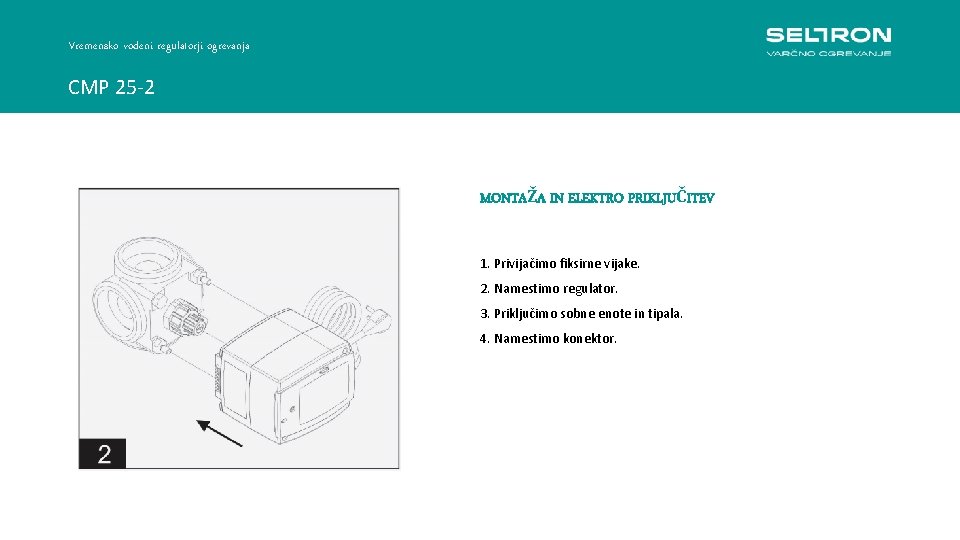 Vremensko vodeni regulatorji ogrevanja CMP 25 -2 MONTAŽA IN ELEKTRO PRIKLJUČITEV 1. Privijačimo fiksirne