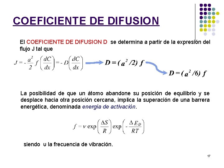 COEFICIENTE DE DIFUSION El COEFICIENTE DE DIFUSION D se determina a partir de la