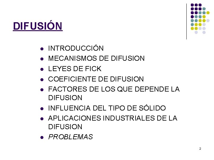 DIFUSIÓN l l l l INTRODUCCIÓN MECANISMOS DE DIFUSION LEYES DE FICK COEFICIENTE DE