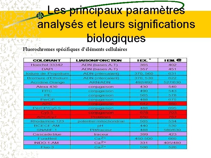 Les principaux paramètres analysés et leurs significations biologiques Fluorochromes spécifiques d’éléments cellulaires Les principaux paramètres analysés et leurs significations biologiques Fluorochromes spécifiques d’éléments cellulaires