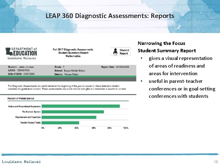 LEAP 360 Diagnostic Assessments: Reports Narrowing the Focus Student Summary Report • gives a