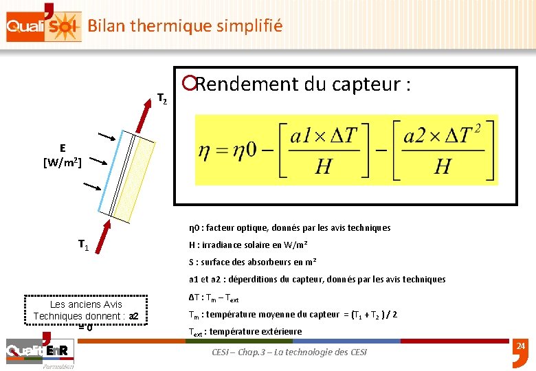 Bilan thermique simplifié T 2 ¡Rendement du capteur : E [W/m 2] η 0