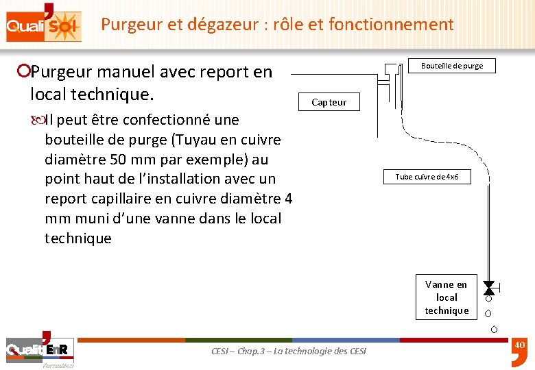 Purgeur et dégazeur : rôle et fonctionnement ¡Purgeur manuel avec report en local technique.