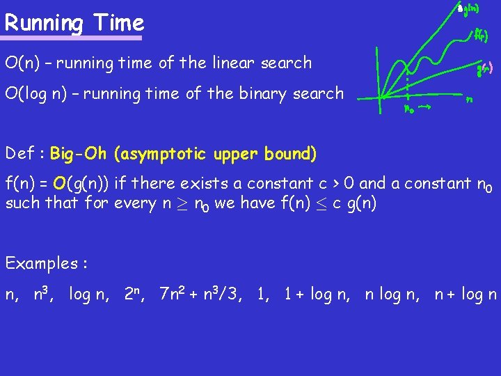 Running Time O(n) – running time of the linear search O(log n) – running