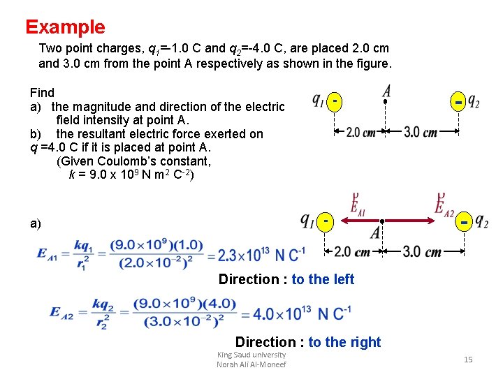 Example Two point charges, q 1=-1. 0 C and q 2=-4. 0 C, are Example Two point charges, q 1=-1. 0 C and q 2=-4. 0 C, are