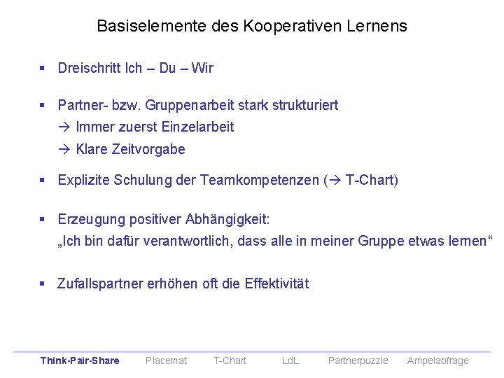 Basiselemente des Kooperativen Lernens § Dreischritt Ich – Du – Wir § Partner- bzw. Basiselemente des Kooperativen Lernens § Dreischritt Ich – Du – Wir § Partner- bzw.