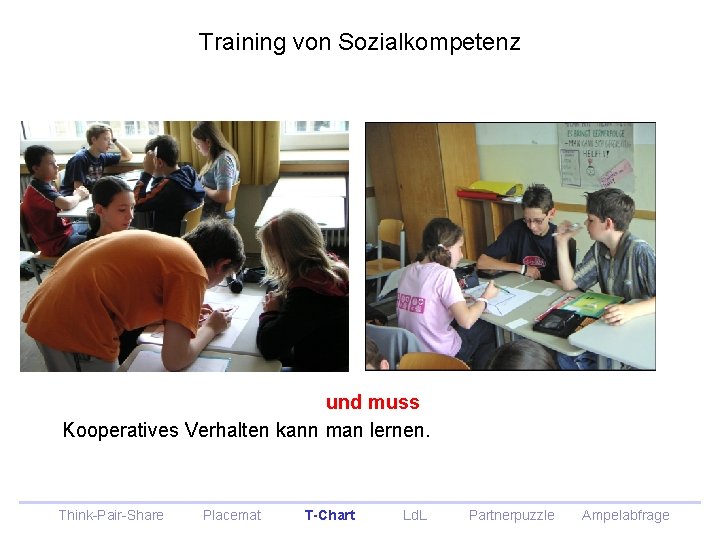 Training von Sozialkompetenz und muss Kooperatives Verhalten kann man lernen. Think-Pair-Share Placemat T-Chart Ld. Training von Sozialkompetenz und muss Kooperatives Verhalten kann man lernen. Think-Pair-Share Placemat T-Chart Ld.