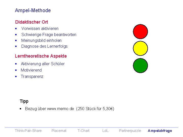 Ampel-Methode Didaktischer Ort § Vorwissen aktivieren § Schwierige Frage beantworten § Meinungsbild einholen § Ampel-Methode Didaktischer Ort § Vorwissen aktivieren § Schwierige Frage beantworten § Meinungsbild einholen §