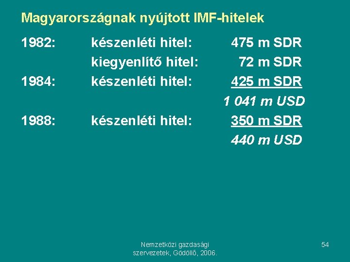 Magyarországnak nyújtott IMF-hitelek 1982: 1984: készenléti hitel: kiegyenlítő hitel: készenléti hitel: 1988: készenléti hitel: