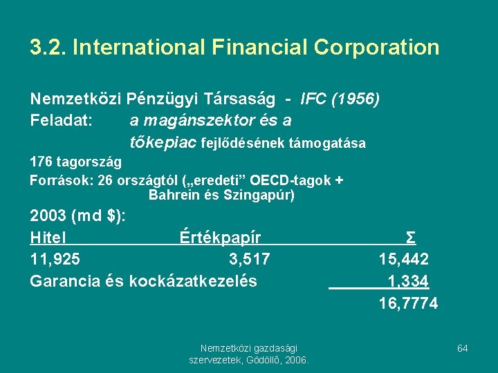 3. 2. International Financial Corporation Nemzetközi Pénzügyi Társaság - IFC (1956) Feladat: a magánszektor