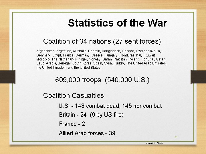 Statistics of the War Coalition of 34 nations (27 sent forces) Afghanistan, Argentina, Australia,