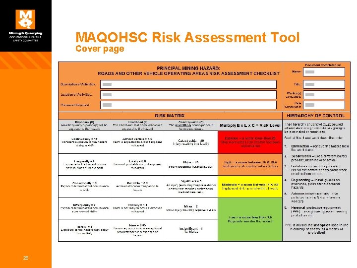 MAQOHSC Risk Assessment Tool Cover page 26 MAQOHSC Risk Assessment Tool Cover page 26