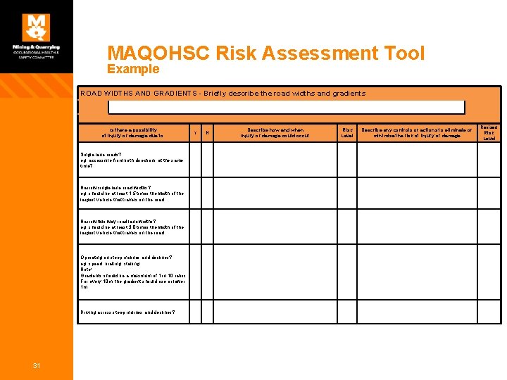 MAQOHSC Risk Assessment Tool Example ROAD WIDTHS AND GRADIENTS - Briefly describe the road MAQOHSC Risk Assessment Tool Example ROAD WIDTHS AND GRADIENTS - Briefly describe the road
