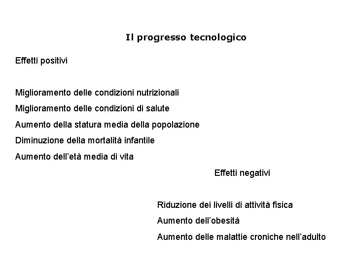 Il progresso tecnologico Effetti positivi Miglioramento delle condizioni nutrizionali Miglioramento delle condizioni di salute