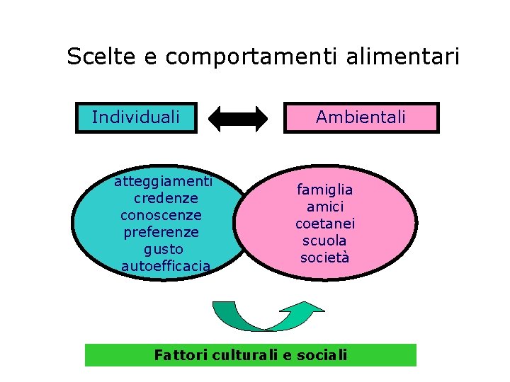 Scelte e comportamenti alimentari Individuali atteggiamenti credenze conoscenze preferenze gusto autoefficacia Ambientali famiglia amici