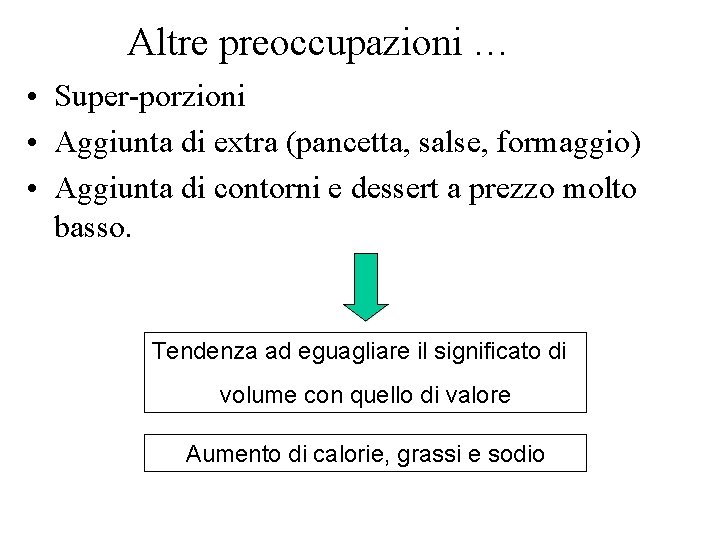 Altre preoccupazioni … • Super-porzioni • Aggiunta di extra (pancetta, salse, formaggio) • Aggiunta