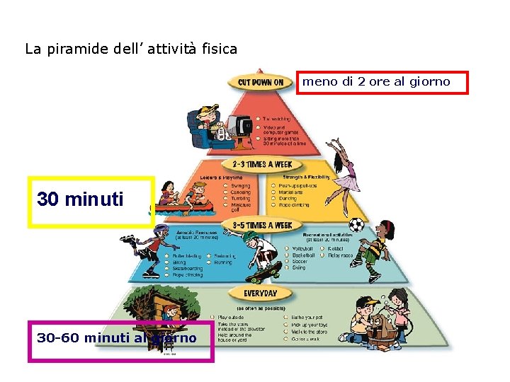 La piramide dell’ attività fisica meno di 2 ore al giorno 30 minuti 30