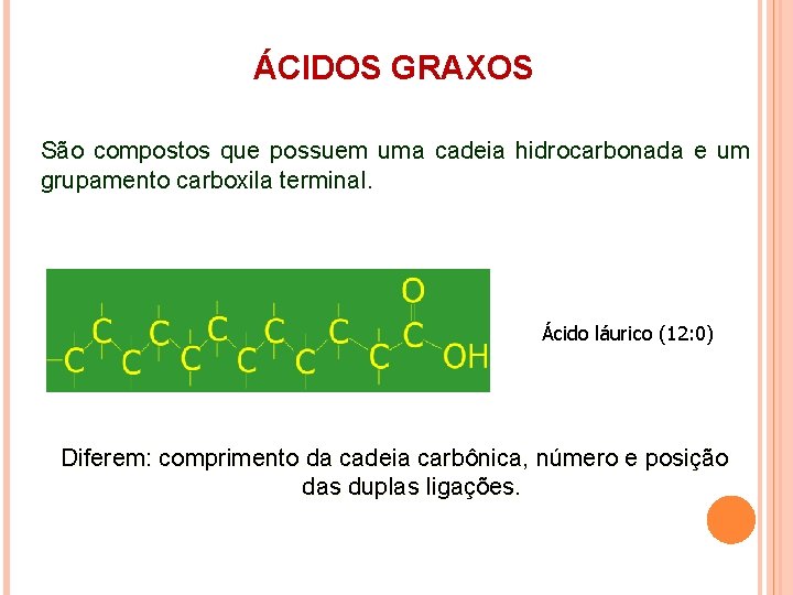 ÁCIDOS GRAXOS São compostos que possuem uma cadeia hidrocarbonada e um grupamento carboxila terminal. ÁCIDOS GRAXOS São compostos que possuem uma cadeia hidrocarbonada e um grupamento carboxila terminal.