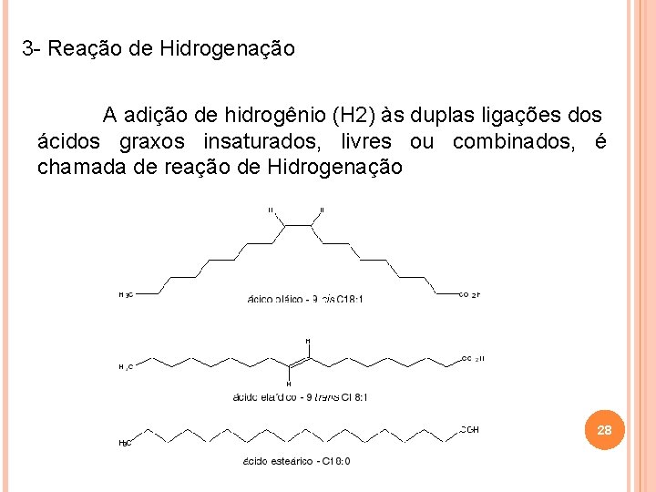3 - Reação de Hidrogenação A adição de hidrogênio (H 2) às duplas ligações 3 - Reação de Hidrogenação A adição de hidrogênio (H 2) às duplas ligações